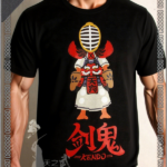 sky-kendo Ken Oni & Tengu Dog Black Tee | Japanese Style 100% Cotton, Large Graphic Print, Japanese Kendo Inspired